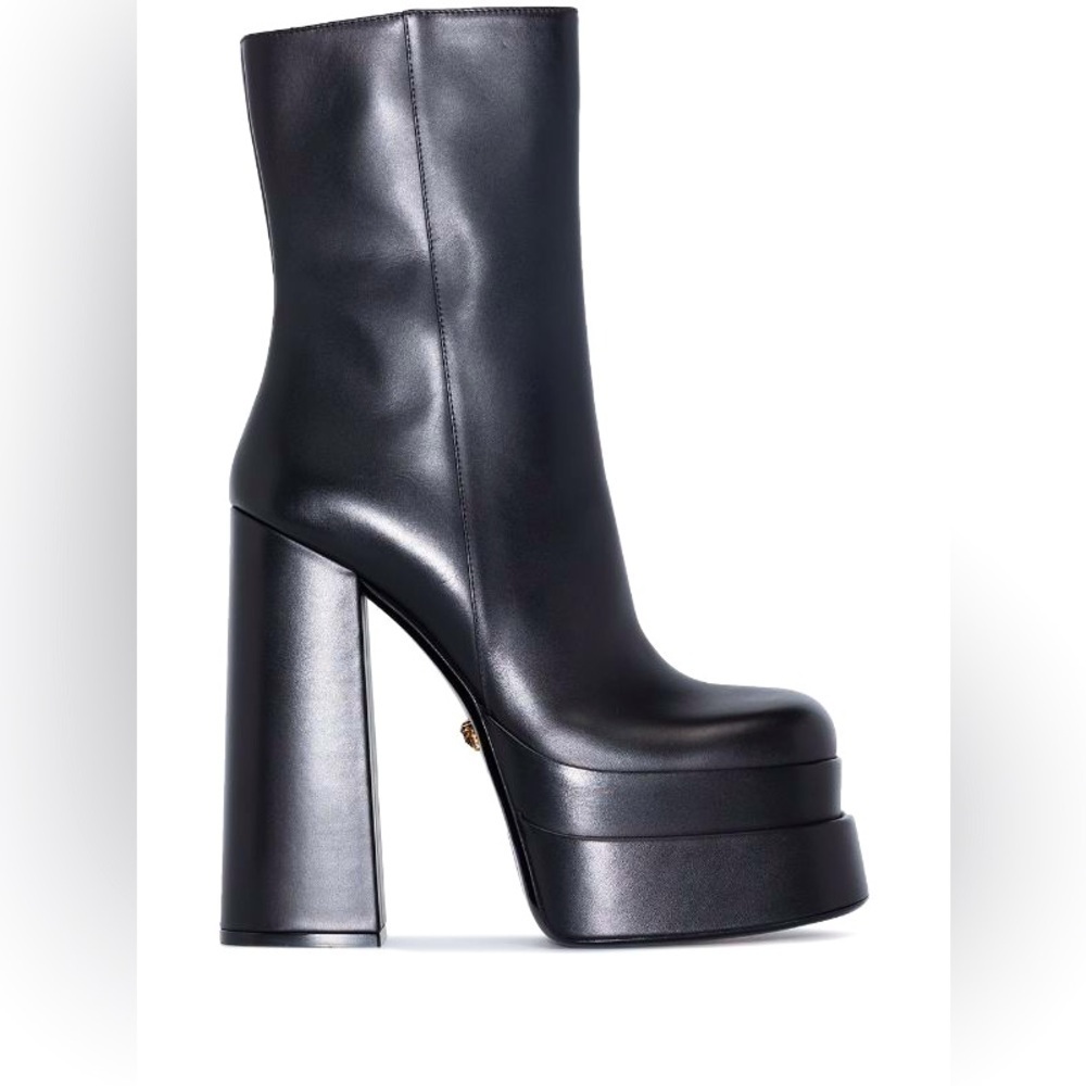 VERSACE | Black leather platform lug sole slip on mid calf designer heeled boot